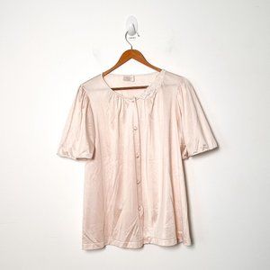 Vintage Cream Lace Satin Feminine Pink Short Sleeve Blouse